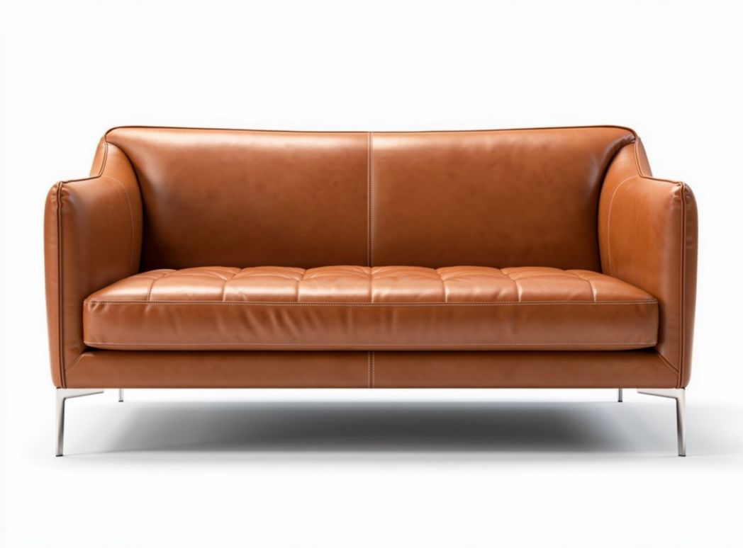 Brown leather sofa with stainless steel legs and tufted seat design 180 x 80 x 75cm