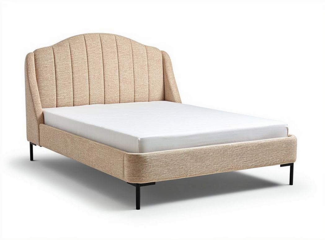 Upholstered platform bed frame with curved headboard beige fabric queen size