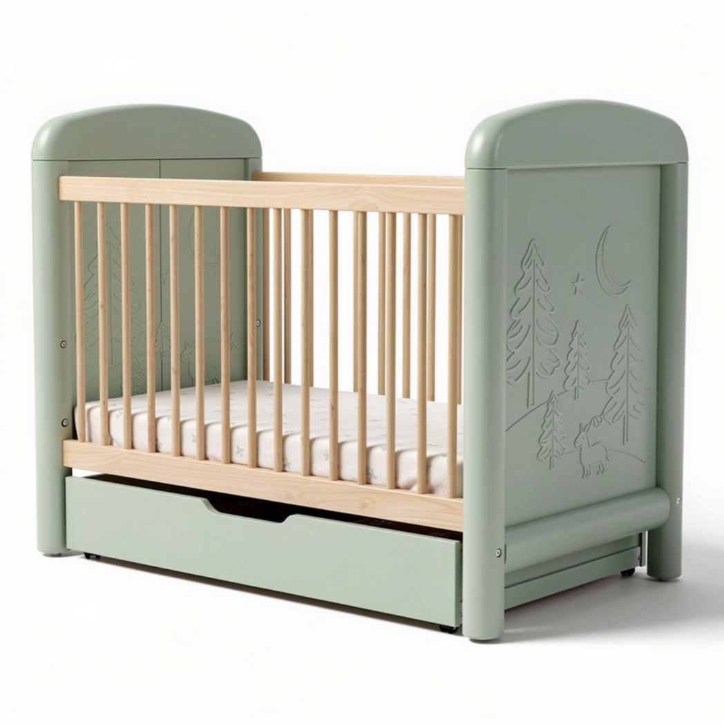 Convertible crib in soft green finish with natural wood accents and drawer