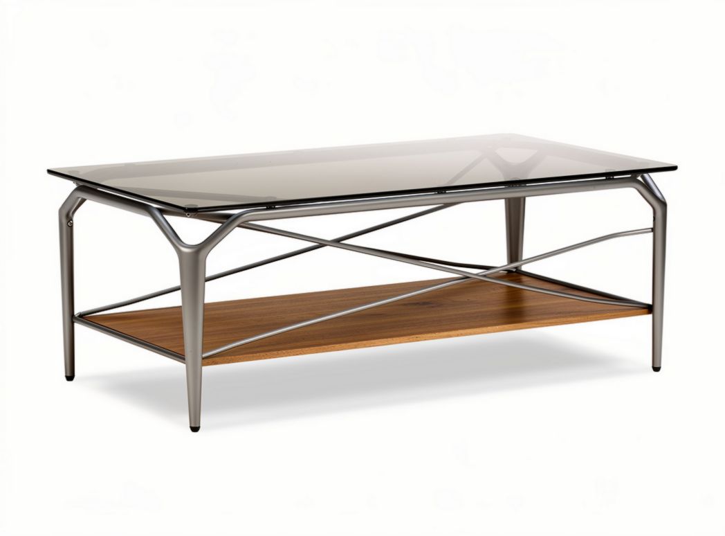 Glass top coffee table with metal frame and wooden shelf 100 x 50 x 45cm