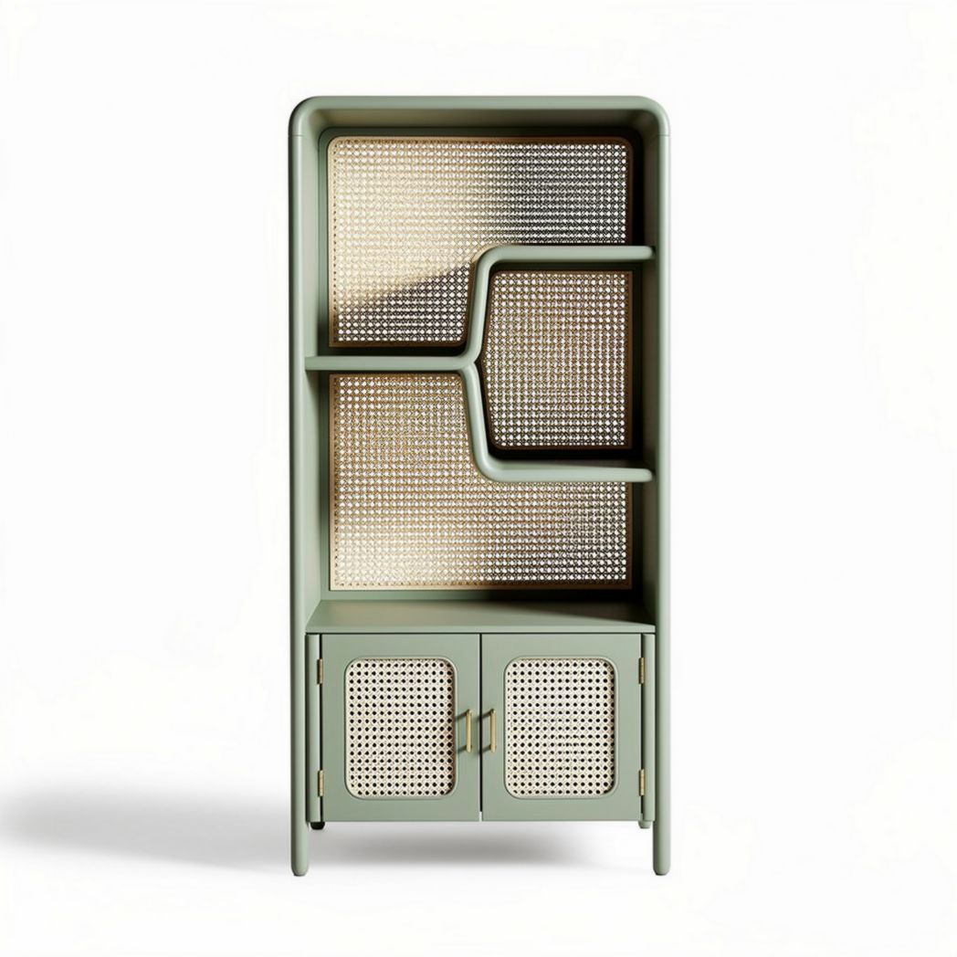 Green cane shelving unit with two doors and three open shelves 180 x 80 x 40cm
