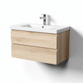 Wall-mounted bathroom vanity with double drawers in natural wood finish 80 x 50 x 40cm