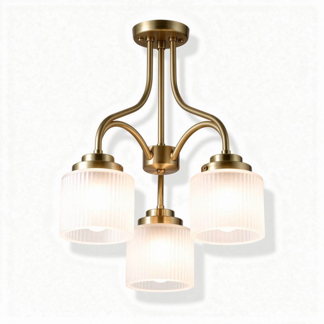 Three-light modern chandelier with ribbed white glass shades and brass finish 40 x 40 x 50cm
