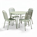 Round metal dining table set with four outdoor chairs in green color