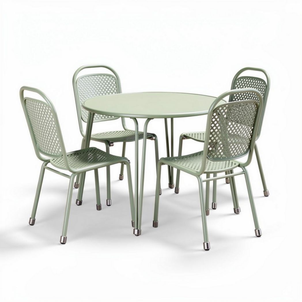 Round metal dining table set with four outdoor chairs in green color