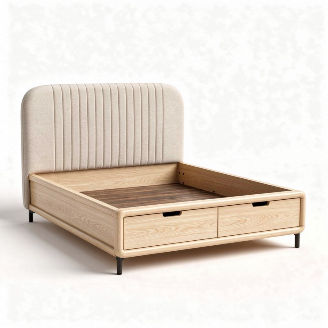 Wooden bed frame with beige upholstered headboard and storage drawers 200 x 160 x 90cm