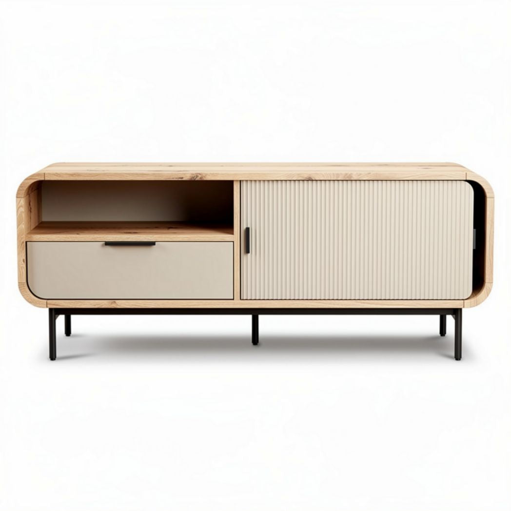 Wooden media console with storage door and drawer in natural finish 120 x 40 x 50cm