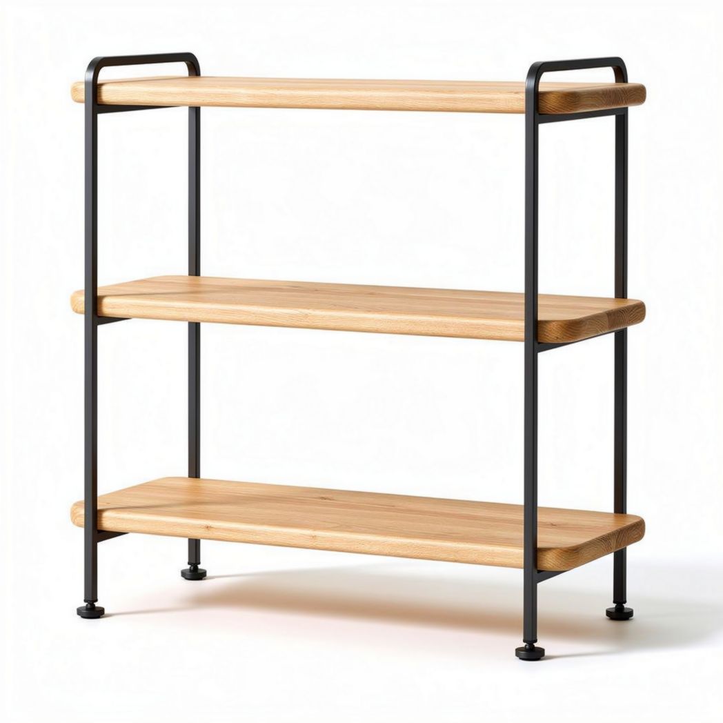 Bamboo three-tier shelf with steel frame for storage and organization