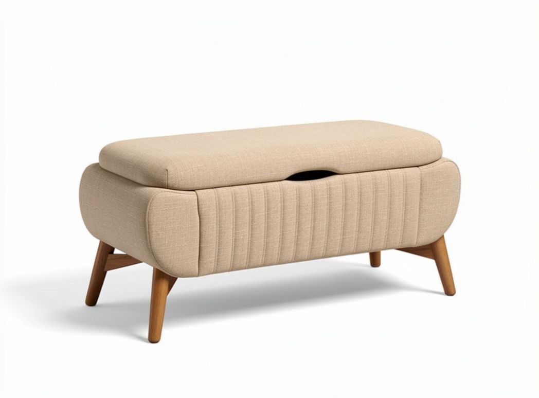 Upholstered storage bench with wood legs and ribbed detailing in beige 90 x 40 x 45cm