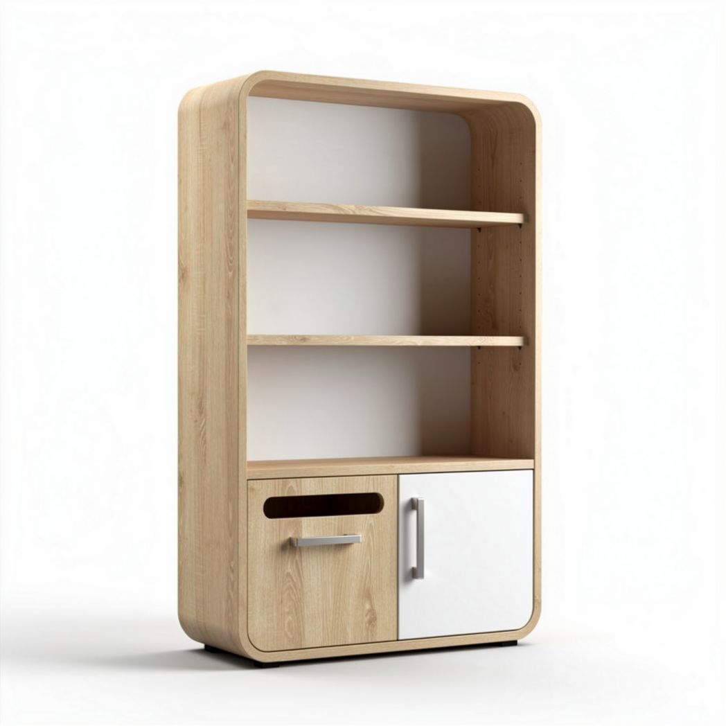 Wooden bookshelf with open shelves and cabinet storage in natural finish 90 x 40 x 180cm